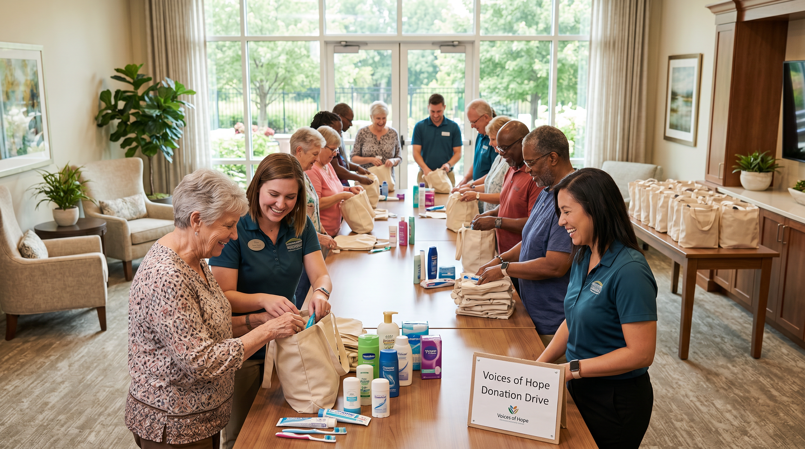 Savannah Pines residents and Resort Lifestyle Communities employees assemble care packages for Voices of Hope in Lincoln, Nebraska.